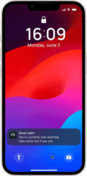 A phone lock screen showing a strain alert, prompting the patient to rest